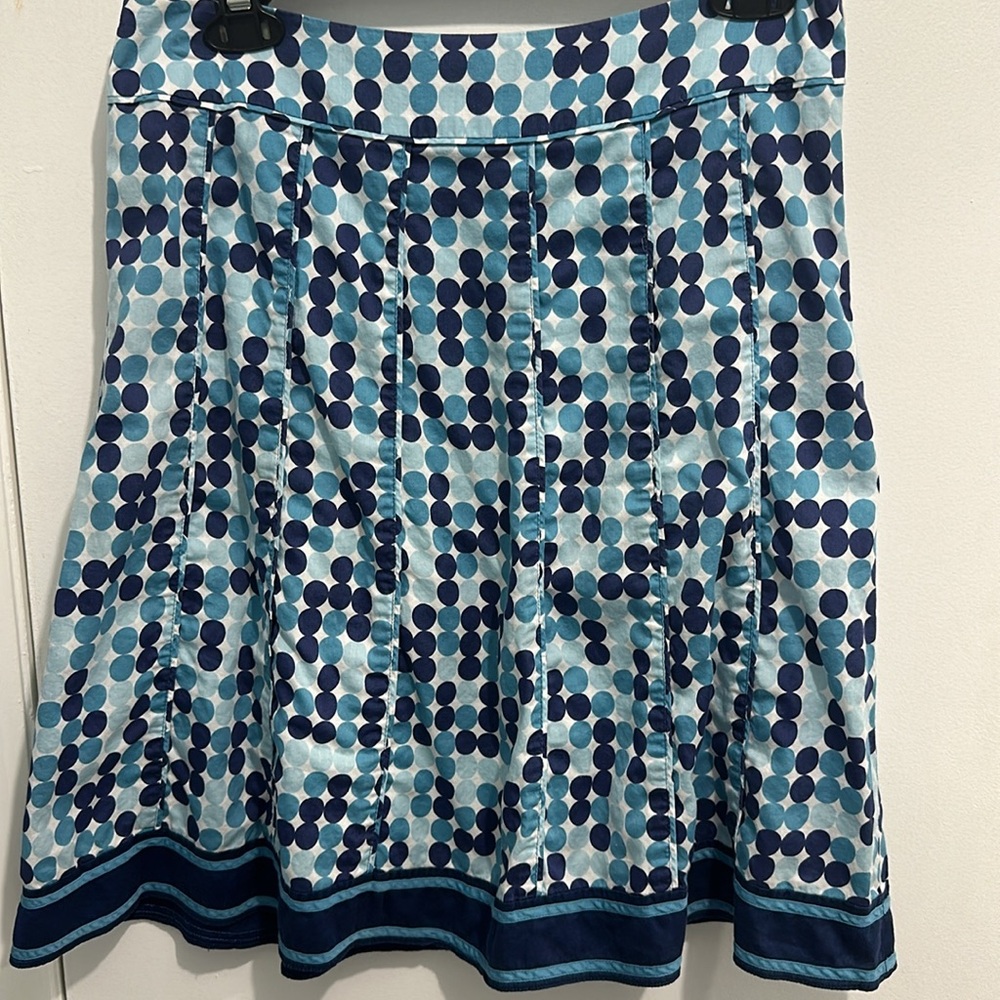 Ann Taylor EUC Knee Length Navy, Teal, and White Polka Dot A-Line Skirt